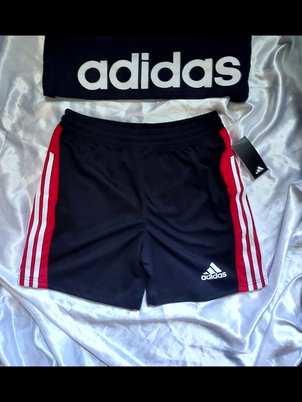 Adidas Men's Black Shorts with Red Side Panels and White Stripes